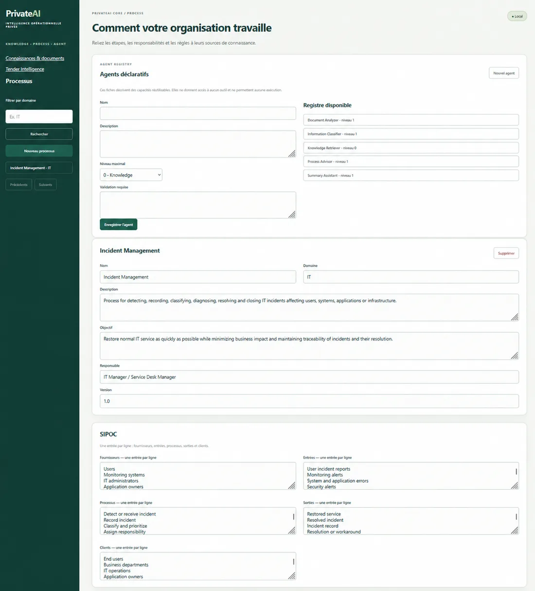 Interface CIP-Core présentant l’orchestration d’un processus métier et de ses agents IA