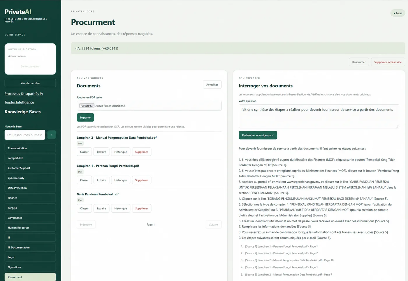 Interface Conexity montrant une mission IA exploitant une base documentaire privée